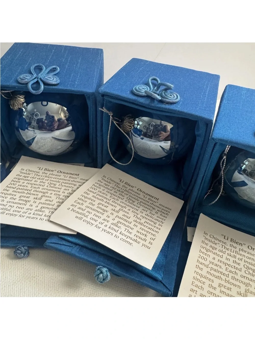 Vintage 2009 Pier 1 Li Bien Doves Blue Glass Christmas Ball Ornament Lot of 6